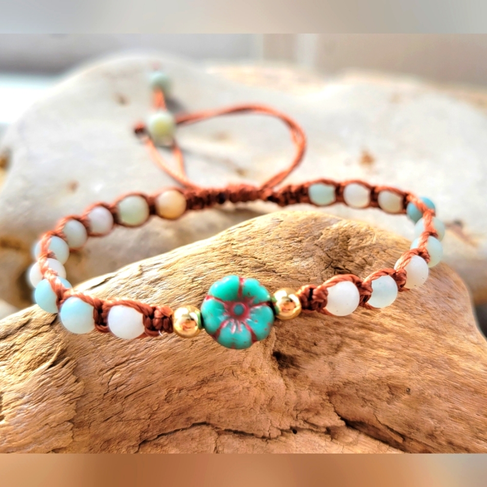 Bohemian Natural Amazonite Stone Macrame Bracelet